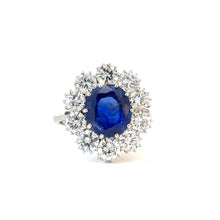 Load image into Gallery viewer, Rare 4.2ct GRS ‘Royal Blue’ Unheated Sri Lankan Sapphire &amp; 3ctw Diamond Halo Ring – 18K White Gold
