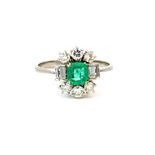Load image into Gallery viewer, Vintage Colombian Emerald &amp; Diamond Ring in 18k White Gold
