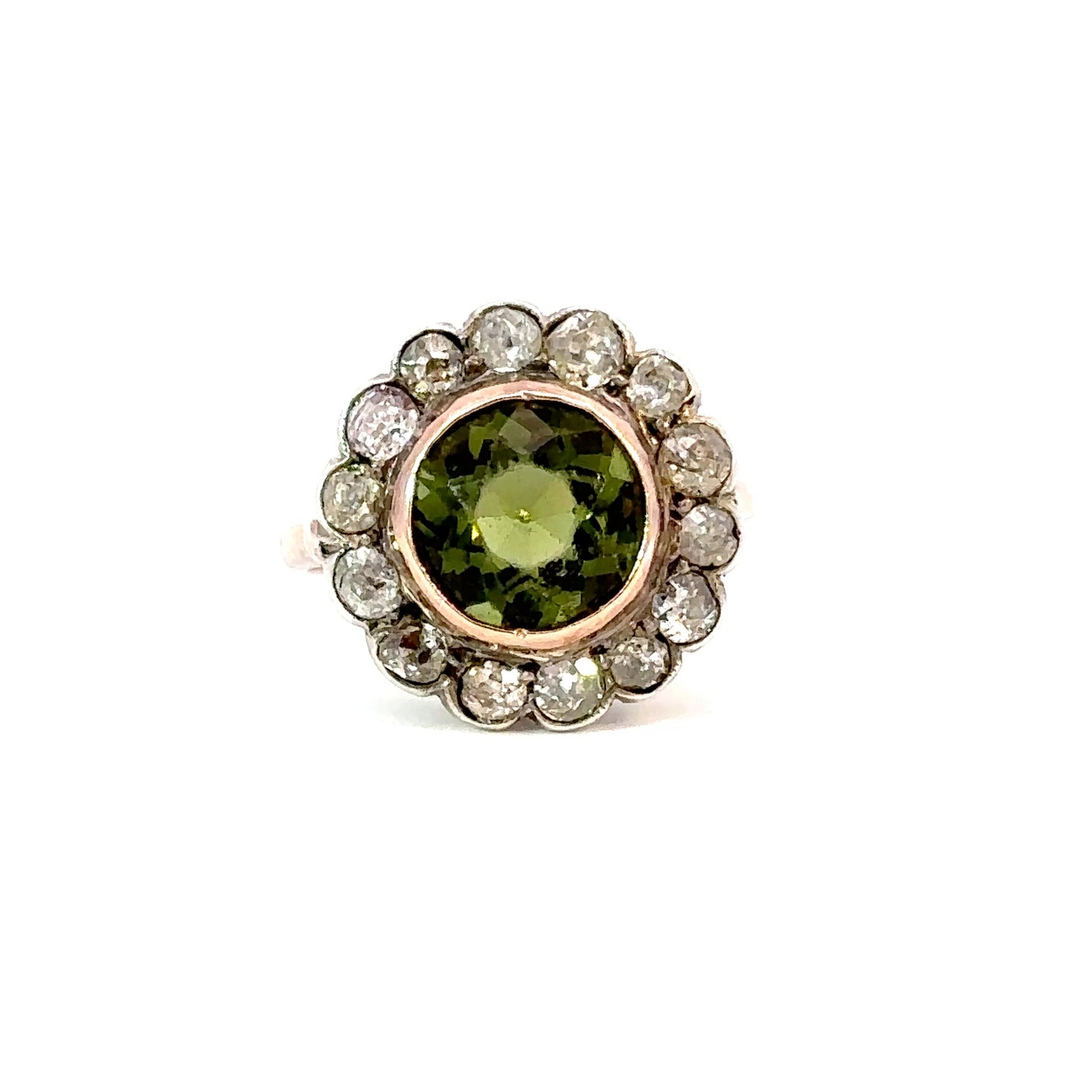 Late Victorian Green Paste Cluster Ring with Pink-Tinted Diamond Accent