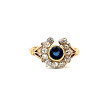 Load image into Gallery viewer, Late Victorian Sapphire &amp; Diamond Horseshoe Ring in 18k Gold
