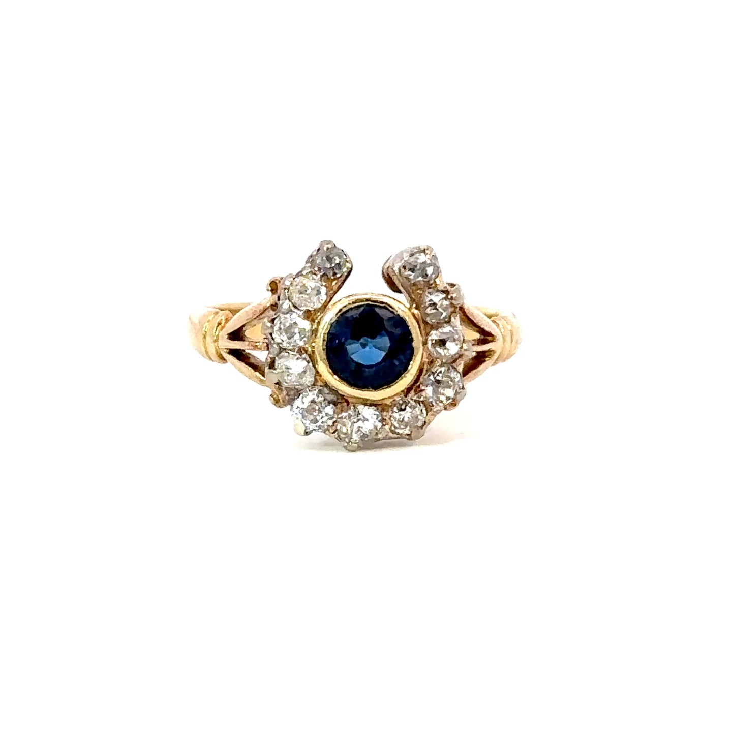 Late Victorian Sapphire & Diamond Horseshoe Ring in 18k Gold