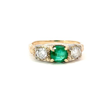 Load image into Gallery viewer, Vintage Emerald &amp; Diamond Trilogy Ring in 14kt Yellow Gold
