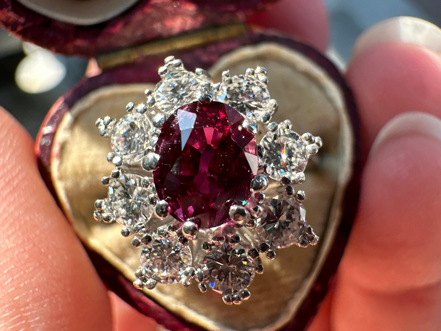 UNHEATED RUBY AND DIAMOND CLUSTER RING IN 18KT WHITE GOLD