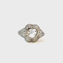 Load and play video in Gallery viewer, Early Art Deco 18K White Gold Filigree Ring – 1.10ct Rosecut Diamond
