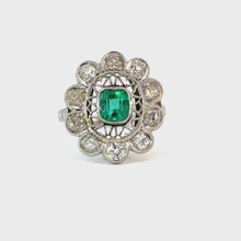 Load and play video in Gallery viewer, Edwardian Platinum Ring - 1.10ct Colombian Emerald &amp; Old Cut Diamonds in an Intricate Filigree Setting
