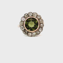 Load and play video in Gallery viewer, Late Victorian Green Paste Cluster Ring with Pink-Tinted Diamond Accent
