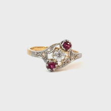 Load and play video in Gallery viewer, French Art Nouveau Diamond &amp; Ruby Ring in 18K Gold &amp; Platinum
