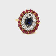 Load and play video in Gallery viewer, A Striking Mid-Century Sapphire, Diamond &amp; Ruby Cluster Ring
