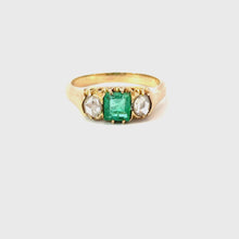 Load and play video in Gallery viewer, Antique Victorian Emerald &amp; Diamond Trilogy Ring in 18K Yellow Gold
