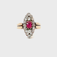 Load and play video in Gallery viewer, Victorian Burmese Ruby &amp; Diamond Navette Cluster Ring
