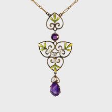 Load and play video in Gallery viewer, Rare Art Nouveau Suffragette Pendant - 14K Gold &amp; Enamel
