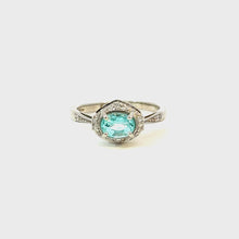 Load and play video in Gallery viewer, PARAIBA COLOR TOURMALINE AND DIAMOND RING IN 18KT WHITE GOLD
