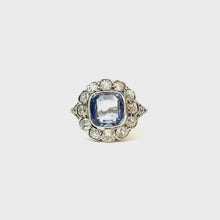 Load and play video in Gallery viewer, ANTIQUE SAPPHIRE AND DIAMOND CLUSTER RING IN 18KT WHITE GOLD
