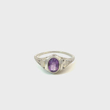Load and play video in Gallery viewer, ANTIQUE FILIGREE AMETHYST RING IN 14KT WHITE GOLD
