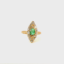 Load and play video in Gallery viewer, VICTORIAN EMERALD AND DIAMOND NAVETTE RING IN 18KT YELLOW GOLD
