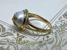 Load image into Gallery viewer, SAD EMOJI PEARL AND SAPPHIRE 18KT YELLOW GOLD RING
