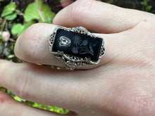 Load image into Gallery viewer, ANTIQUE ONYX AND DIAMOND FILIGREE RING IN 14KT WHITE GOLD
