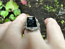 Load image into Gallery viewer, ANTIQUE ONYX AND DIAMOND FILIGREE RING IN 14KT WHITE GOLD
