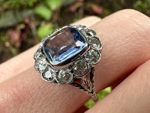 Load image into Gallery viewer, ANTIQUE SAPPHIRE AND DIAMOND CLUSTER RING IN 18KT WHITE GOLD

