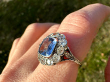Load image into Gallery viewer, ANTIQUE SAPPHIRE AND DIAMOND CLUSTER RING IN 18KT WHITE GOLD
