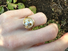 Load image into Gallery viewer, SAD EMOJI PEARL AND SAPPHIRE 18KT YELLOW GOLD RING
