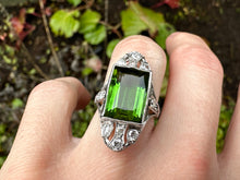 Load image into Gallery viewer, ANTIQUE GREEN TOURMALINE AND DIAMOND RING IN PLATINUM
