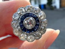 Load image into Gallery viewer, ART DECO ITALIAN SAPPHIRE AND OLD CUT DIAMOND TARGET RING IN 18KT WHITE GOLD
