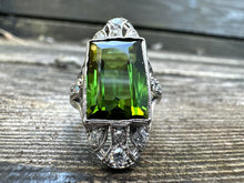 Load image into Gallery viewer, ANTIQUE GREEN TOURMALINE AND DIAMOND RING IN PLATINUM
