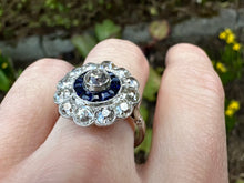 Load image into Gallery viewer, ART DECO ITALIAN SAPPHIRE AND OLD CUT DIAMOND TARGET RING IN 18KT WHITE GOLD

